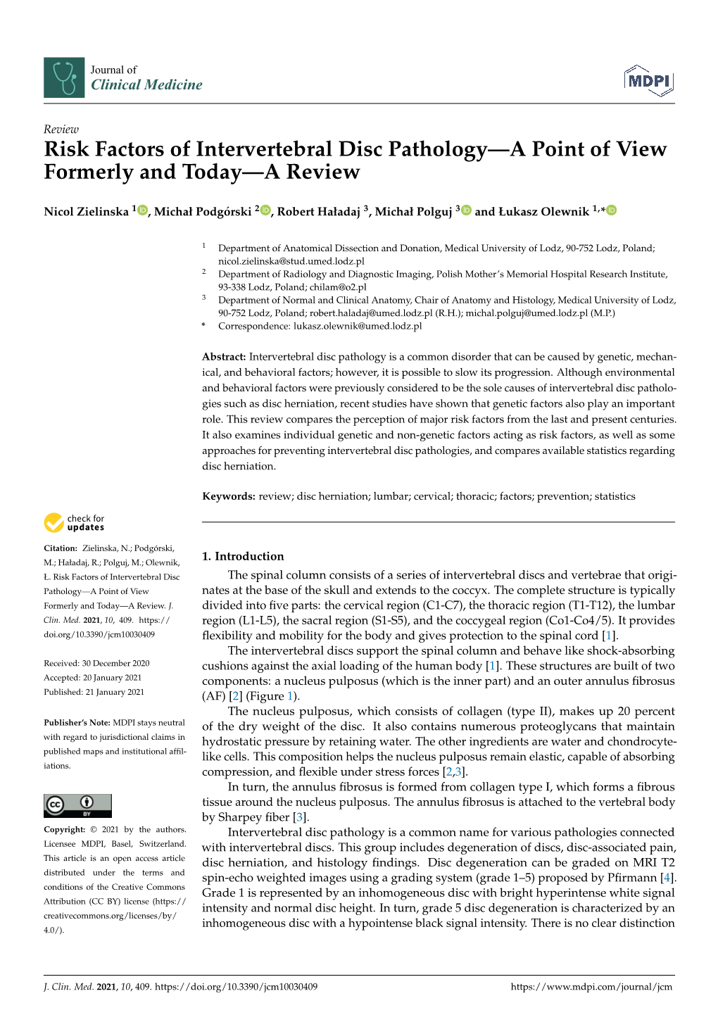 Risk Factors of Intervertebral Disc Pathology—A Point of View Formerly and Today—A Review