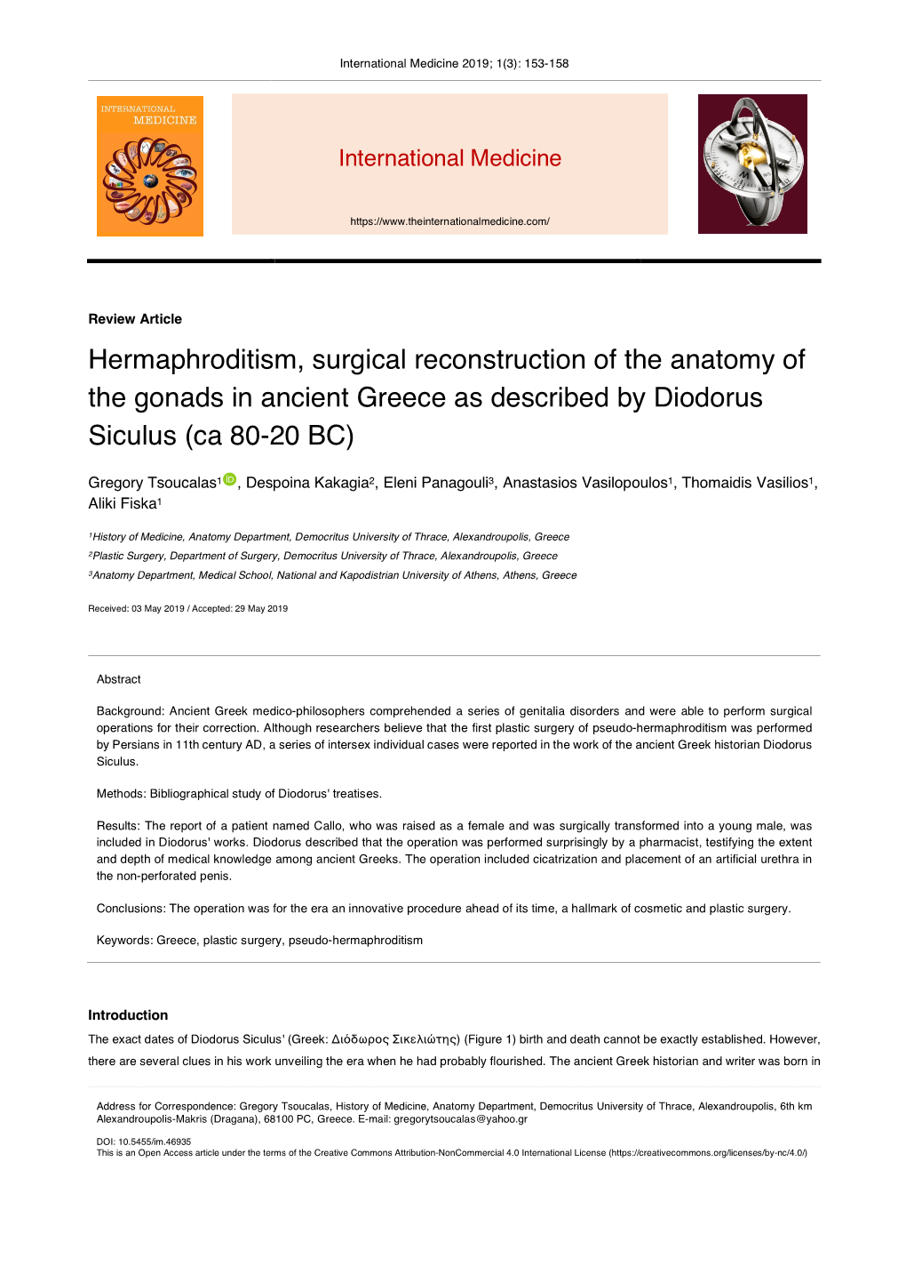 Hermaphroditism, Surgical Reconstruction of the Anatomy of the Gonads in Ancient Greece As Described by Diodorus Siculus (Ca 80-20 BC)