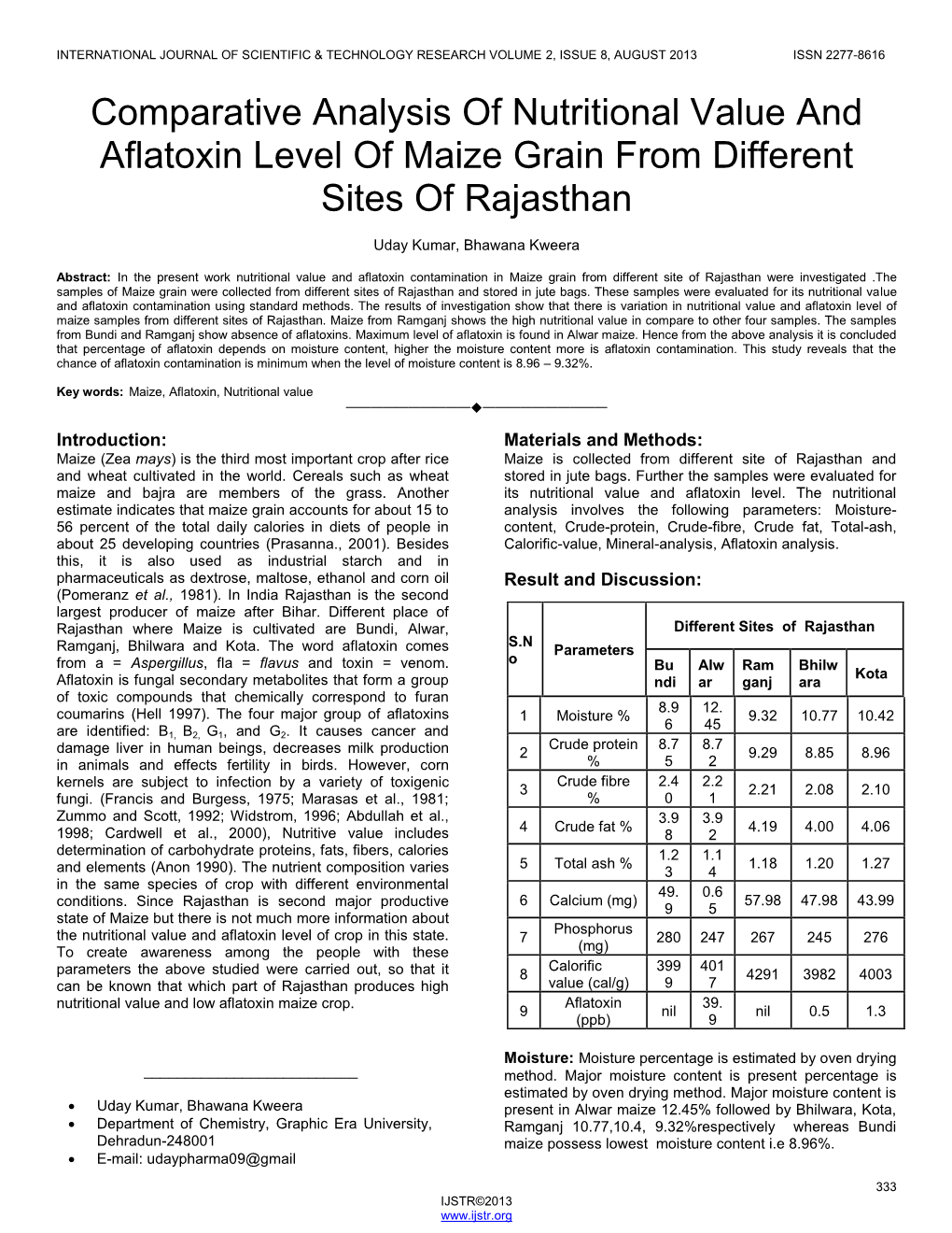 Comparative Analysis of Nutritional Value and Aflatoxin Level of Maize Grain from Different Sites of Rajasthan