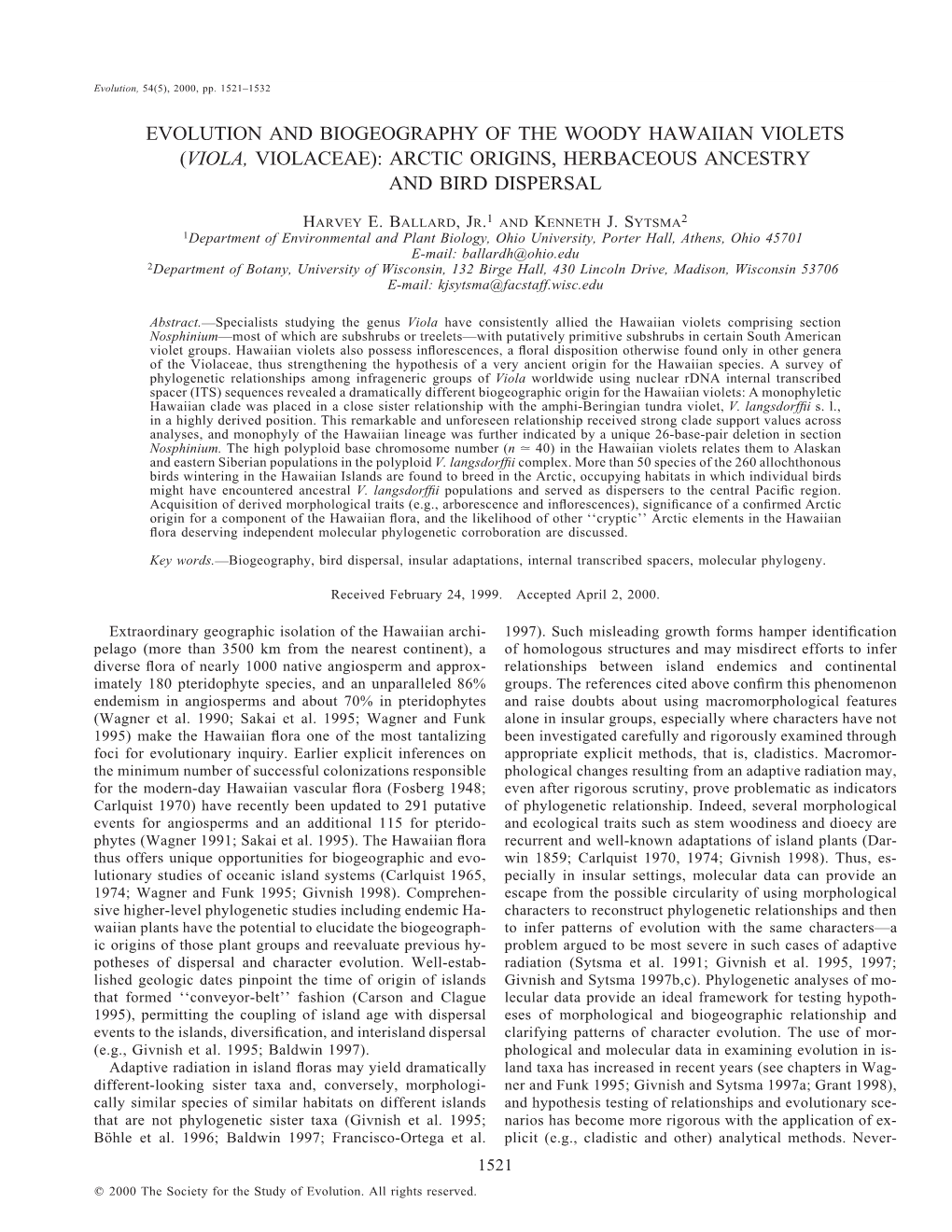 Viola, Violaceae): Arctic Origins, Herbaceous Ancestry and Bird Dispersal