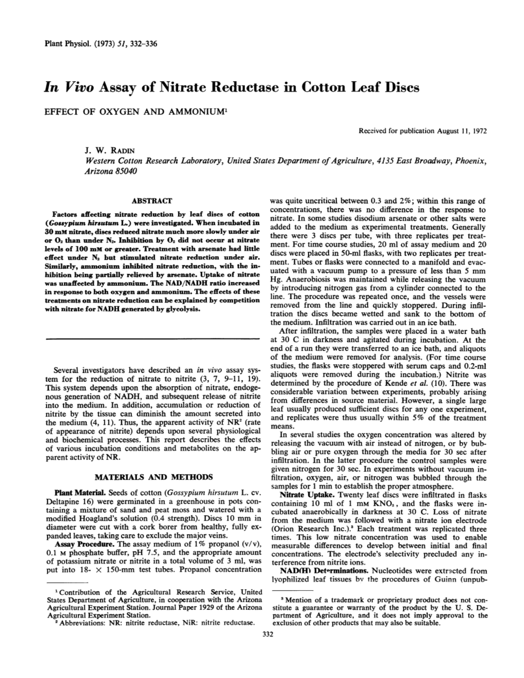 In Vivo Assay of Nitrate Reductase in Cotton Leaf Discs