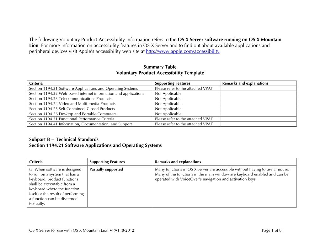 The Following Voluntary Product Accessibility Information Refers to the OS X Server Software Running on OS X Mountain Lion