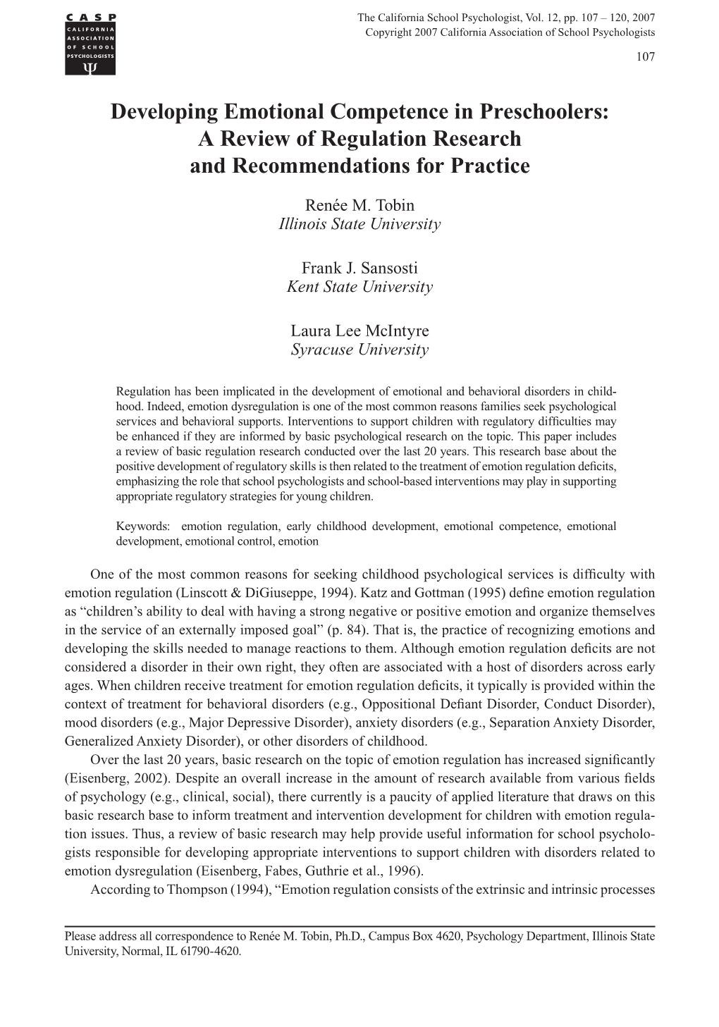 Developing Emotional Competence in Preschoolers: a Review of Regulation Research and Recommendations for Practice