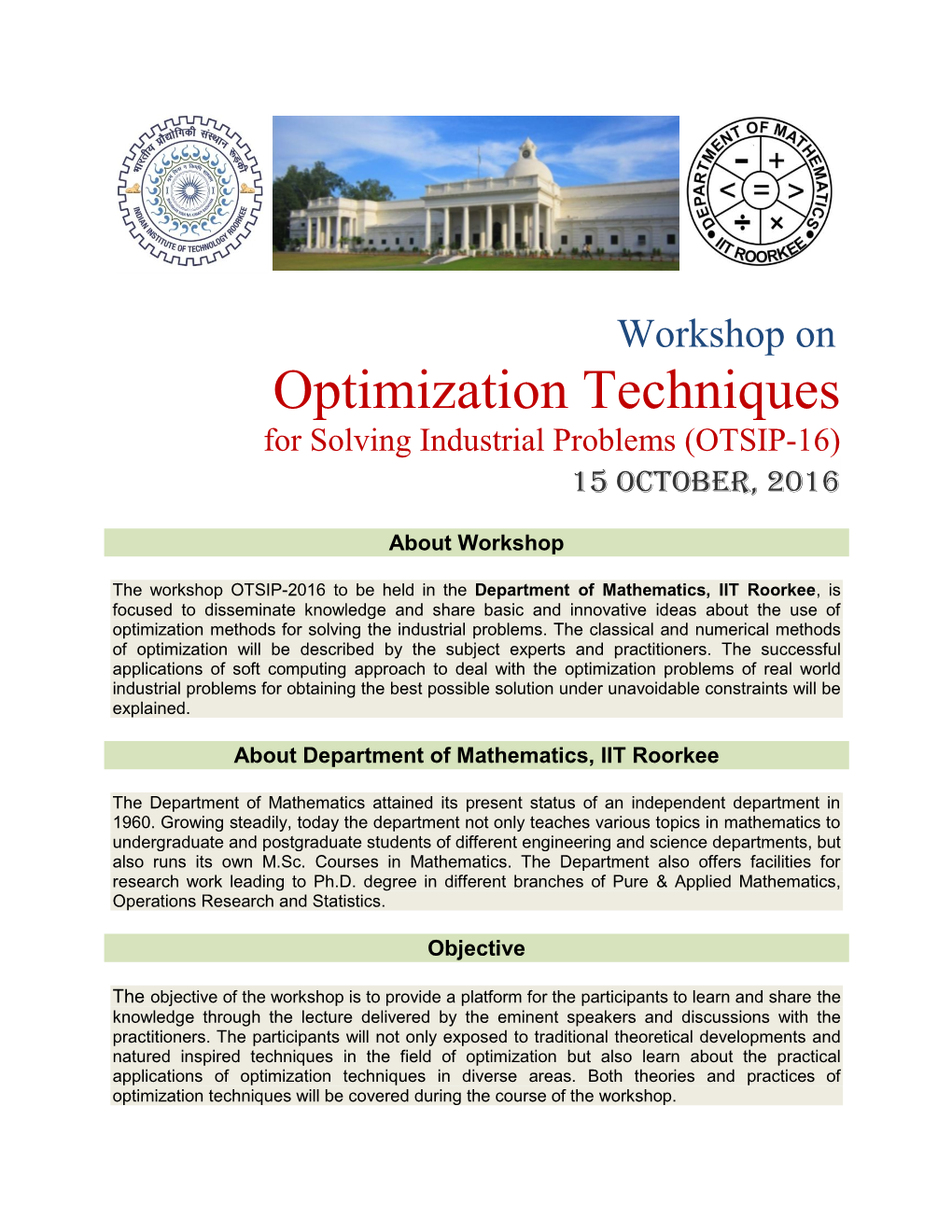 Optimization Techniques for Solving Industrial Problems (OTSIP-16) 15 October, 2016