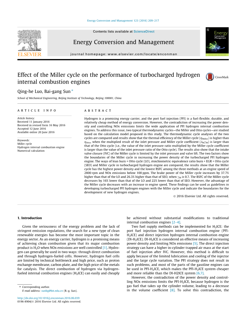 Effect of the Miller Cycle on the Performance of Turbocharged Hydrogen Internal Combustion Engines ⇑ Qing-He Luo, Bai-Gang Sun