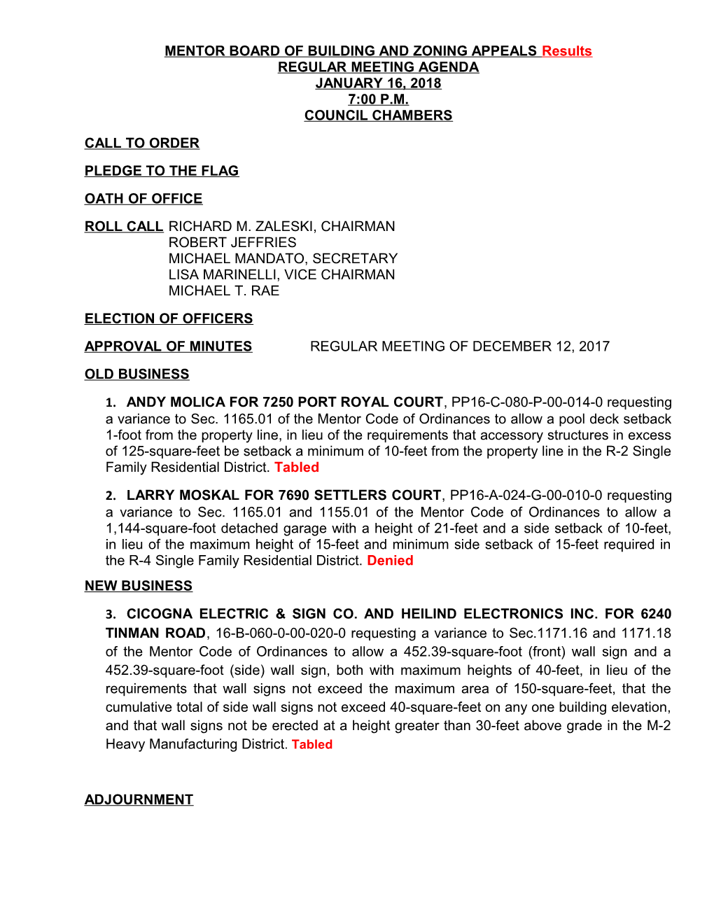 MENTOR BOARD of BUILDING and ZONING APPEALS Results