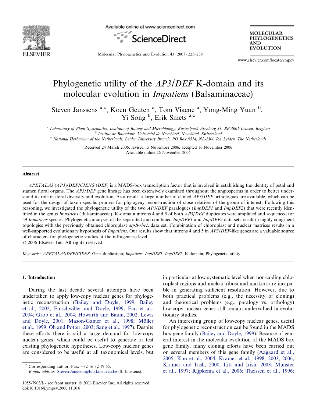 Phylogenetic Utility of the AP3/DEF K-Domain and Its Molecular Evolution in Impatiens (Balsaminaceae)