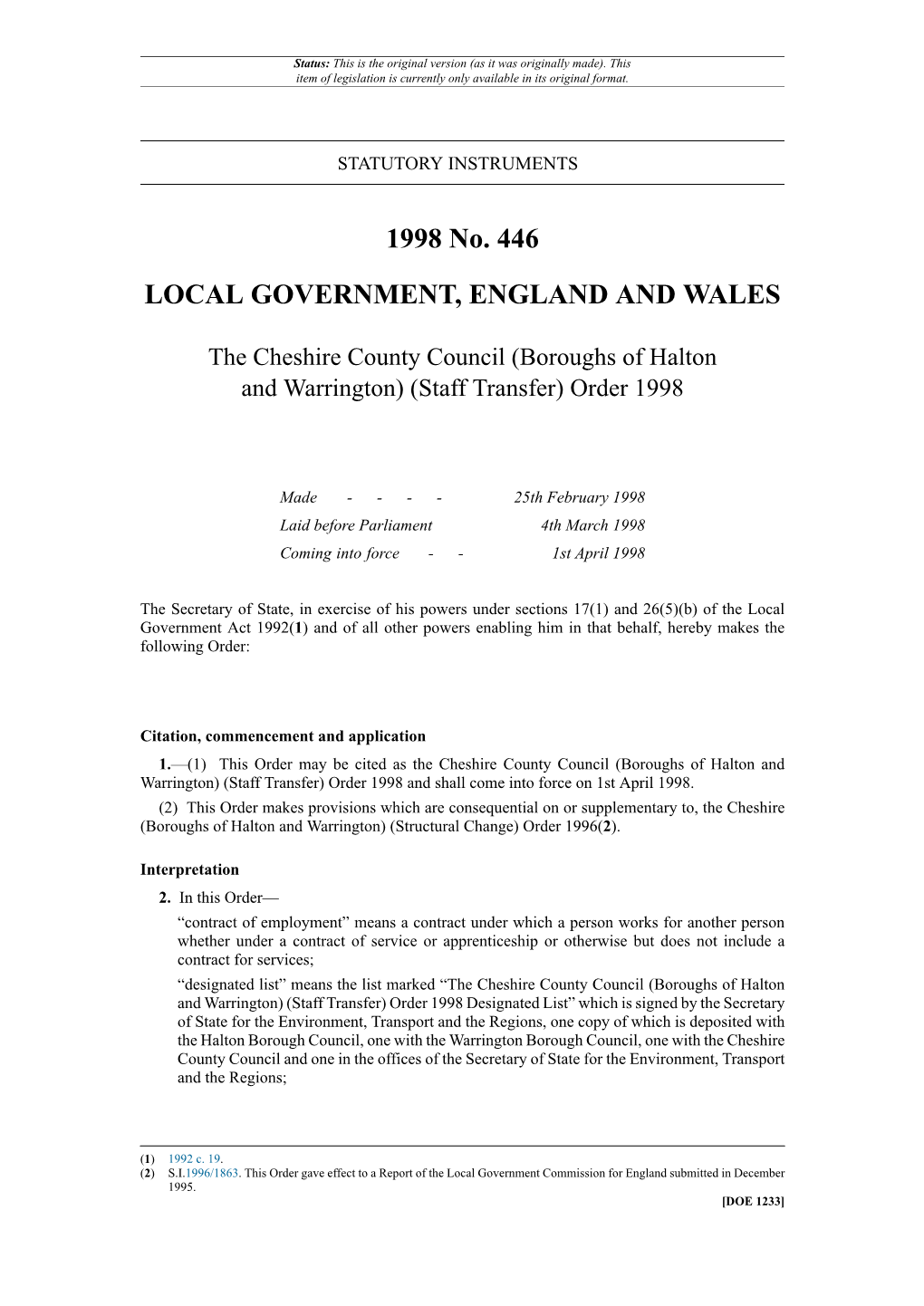 The Cheshire County Council (Boroughs of Halton and Warrington) (Staff Transfer) Order 1998