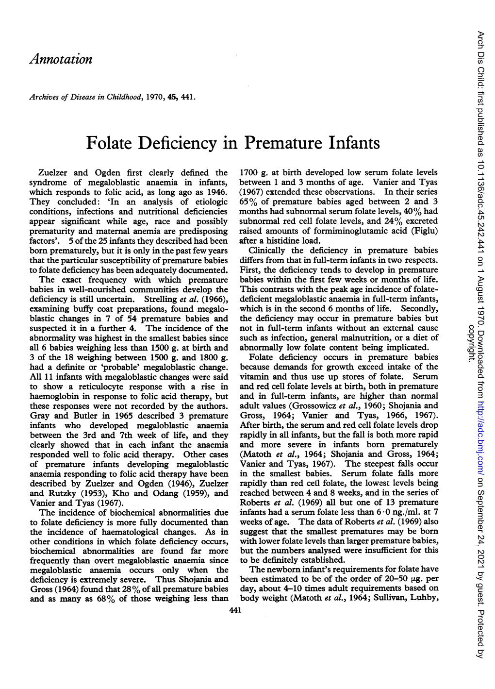 Folate Deficiency in Premature Infants