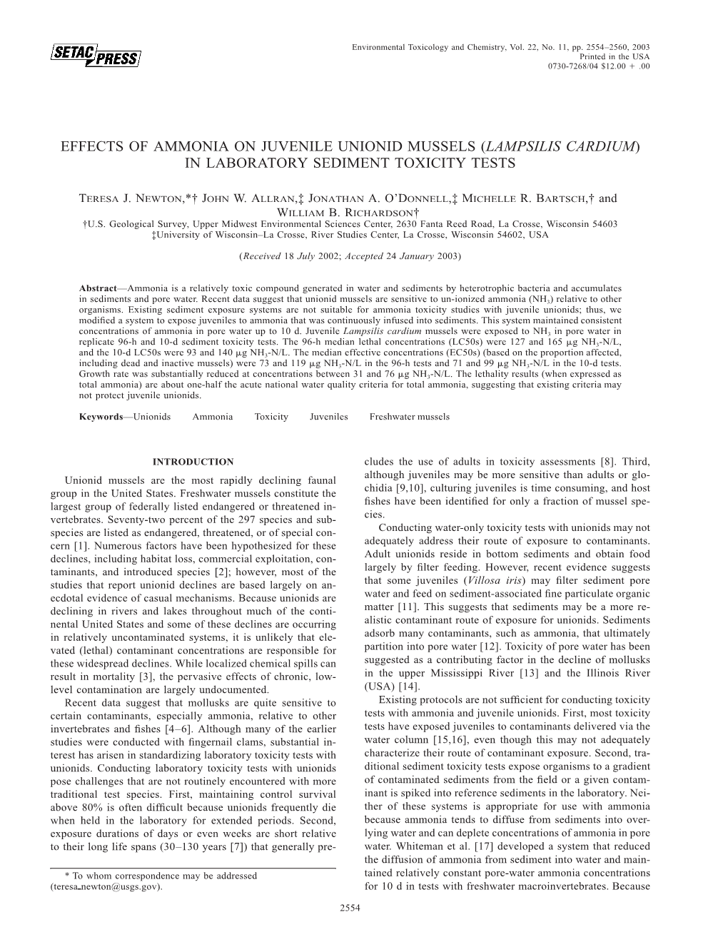 Effects of Ammonia on Juvenile Unionid Mussels (Lampsilis Cardium) in Laboratory Sediment Toxicity Tests