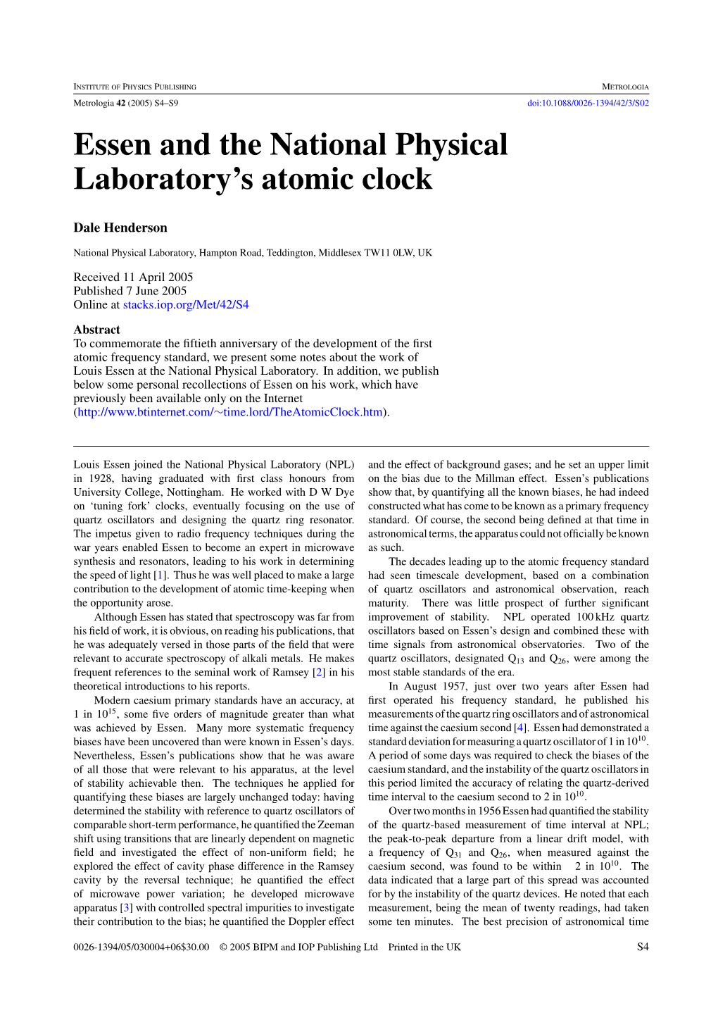 Essen and the National Physical Laboratory's Atomic Clock