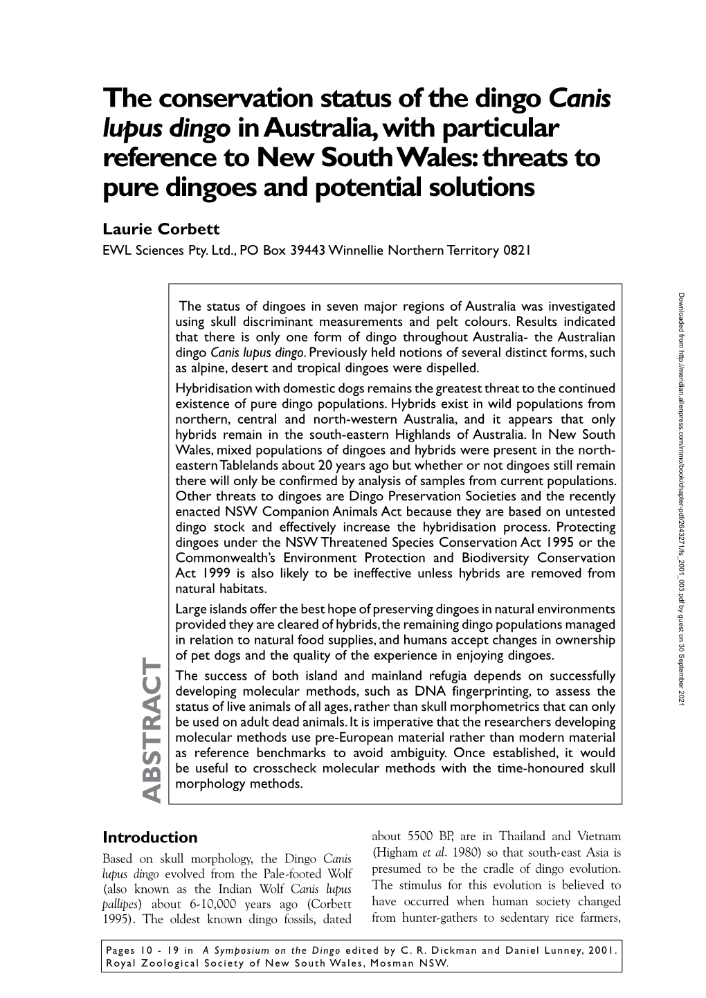 The Conservation Status of the Dingo Canis Lupus Dingo in Australia, with Particular Reference to New South Wales: Threats to Pure Dingoes and Potential Solutions