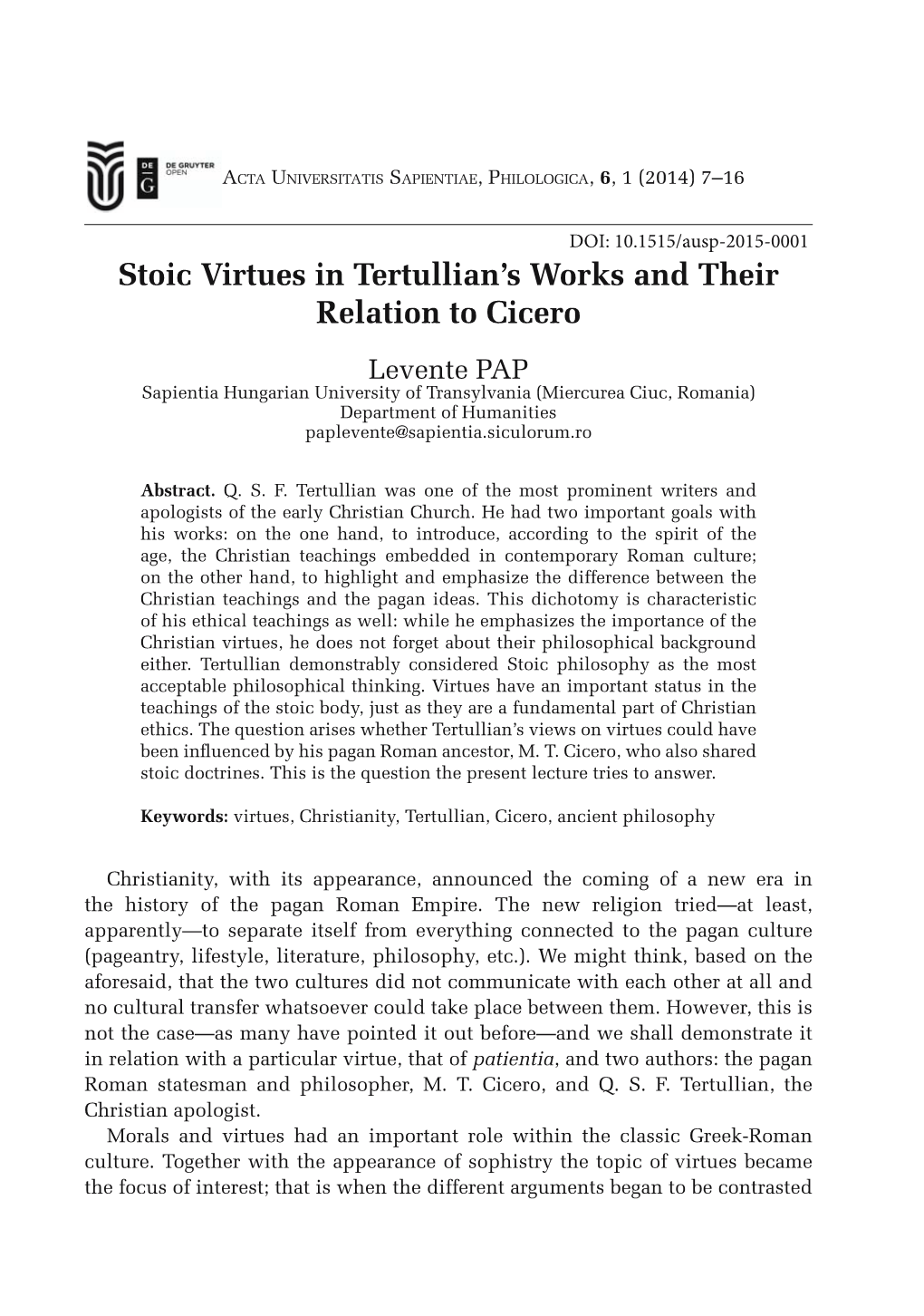 Stoic Virtues in Tertullian's Works and Their Relation to Cicero