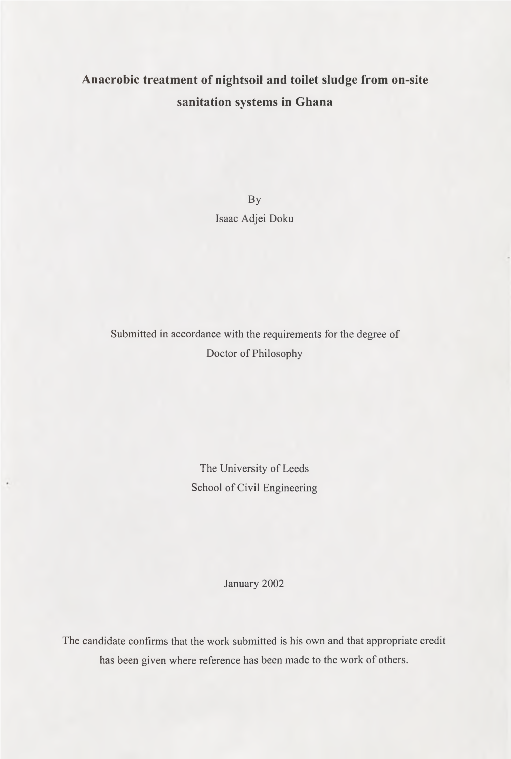 Anaerobic Treatment of Nightsoil and Toilet Sludge from On-Site Sanitation Systems in Ghana