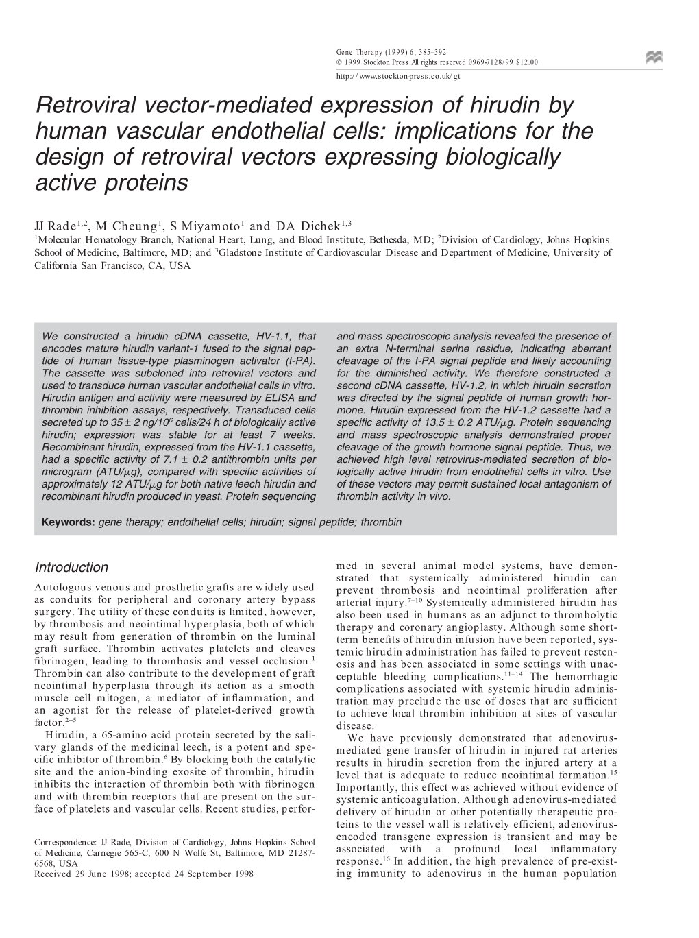 Retroviral Vector-Mediated Expression of Hirudin by Human