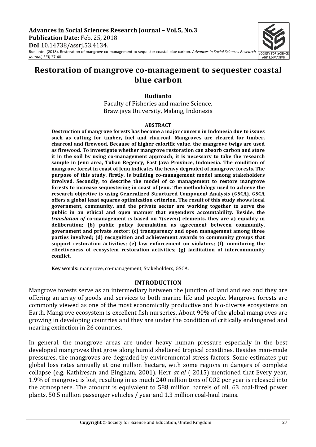 Restoration of Mangrove Co-Management to Sequester Coastal Blue Carbon
