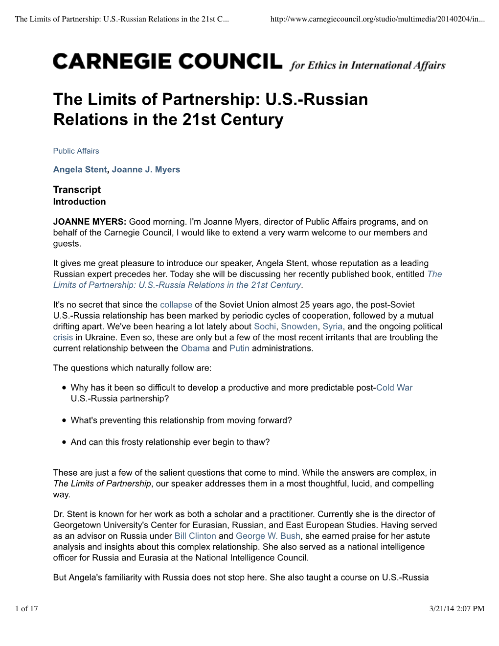 The Limits of Partnership: U.S.-Russian Relations in the 21St C