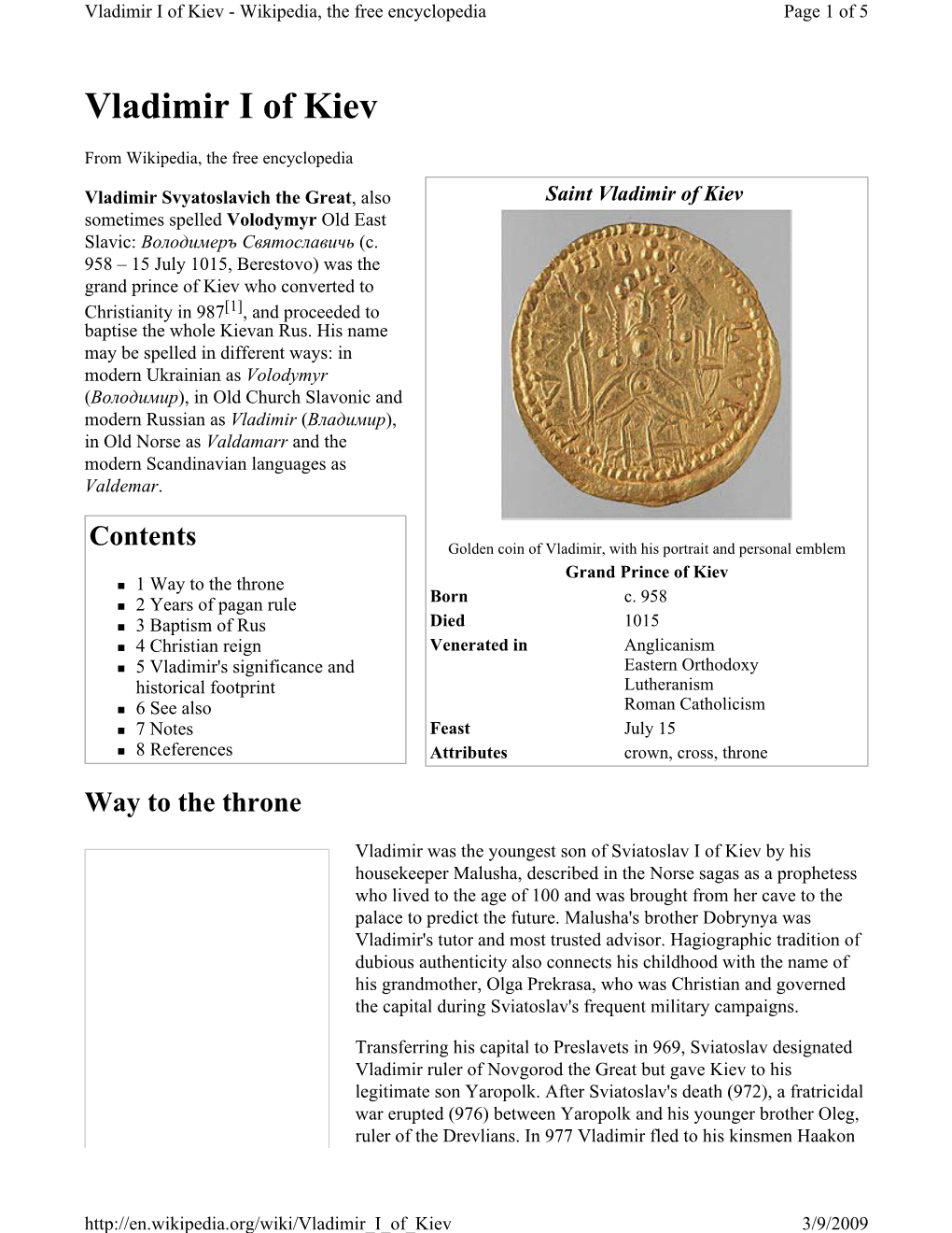 Vladimir I of Kiev - Wikipedia, the Free Encyclopedia Page 1 of 5