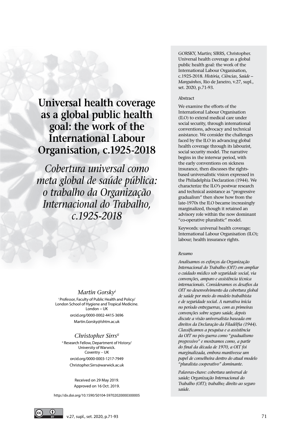 Universal Health Coverage As a Global Public Health Goal: the Work of the International Labour Organisation, C.1925-2018