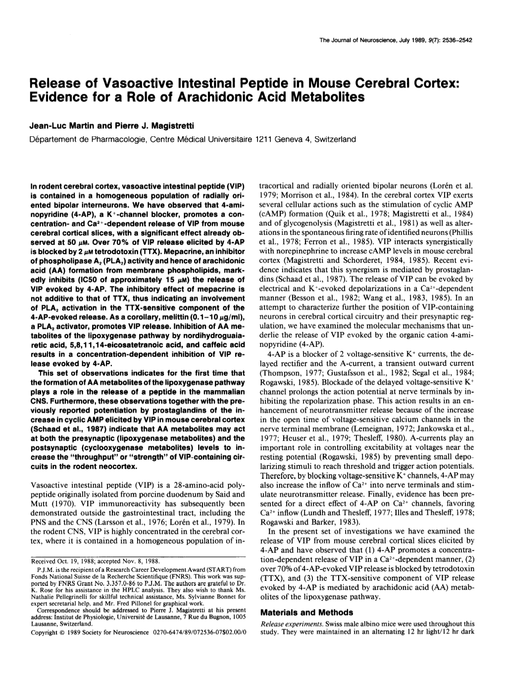 Release of Vasoactive Intestinal Peptide in Mouse Cerebral Cortex: Evidence for a Role of Arachidonic Acid Metabolites