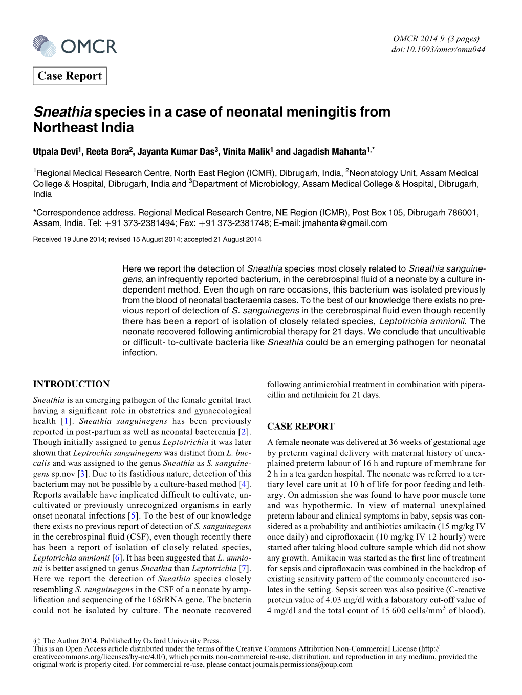 Sneathia Species in a Case of Neonatal Meningitis from Northeast India