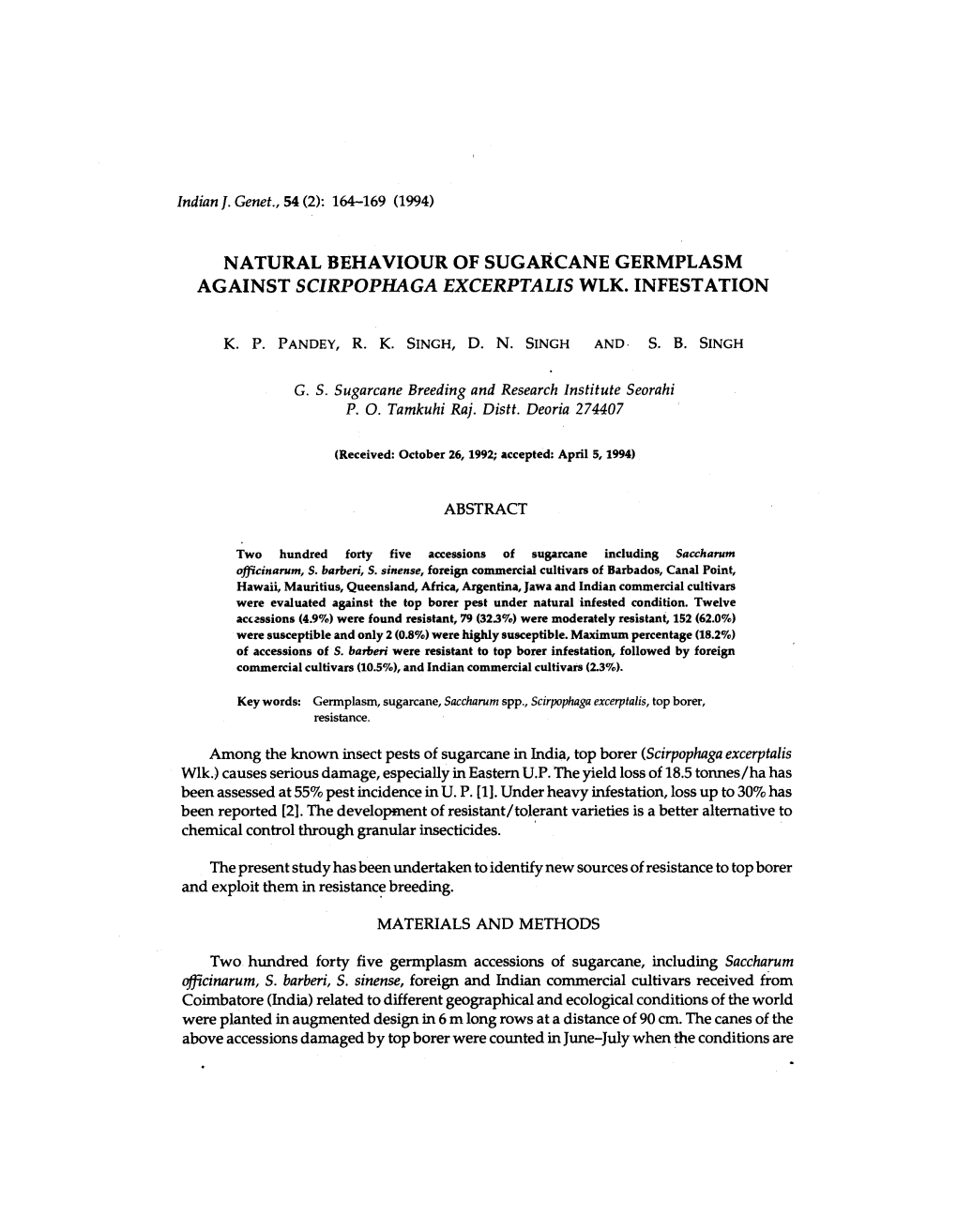 Natural Behaviour of Sugarcane Germplasm