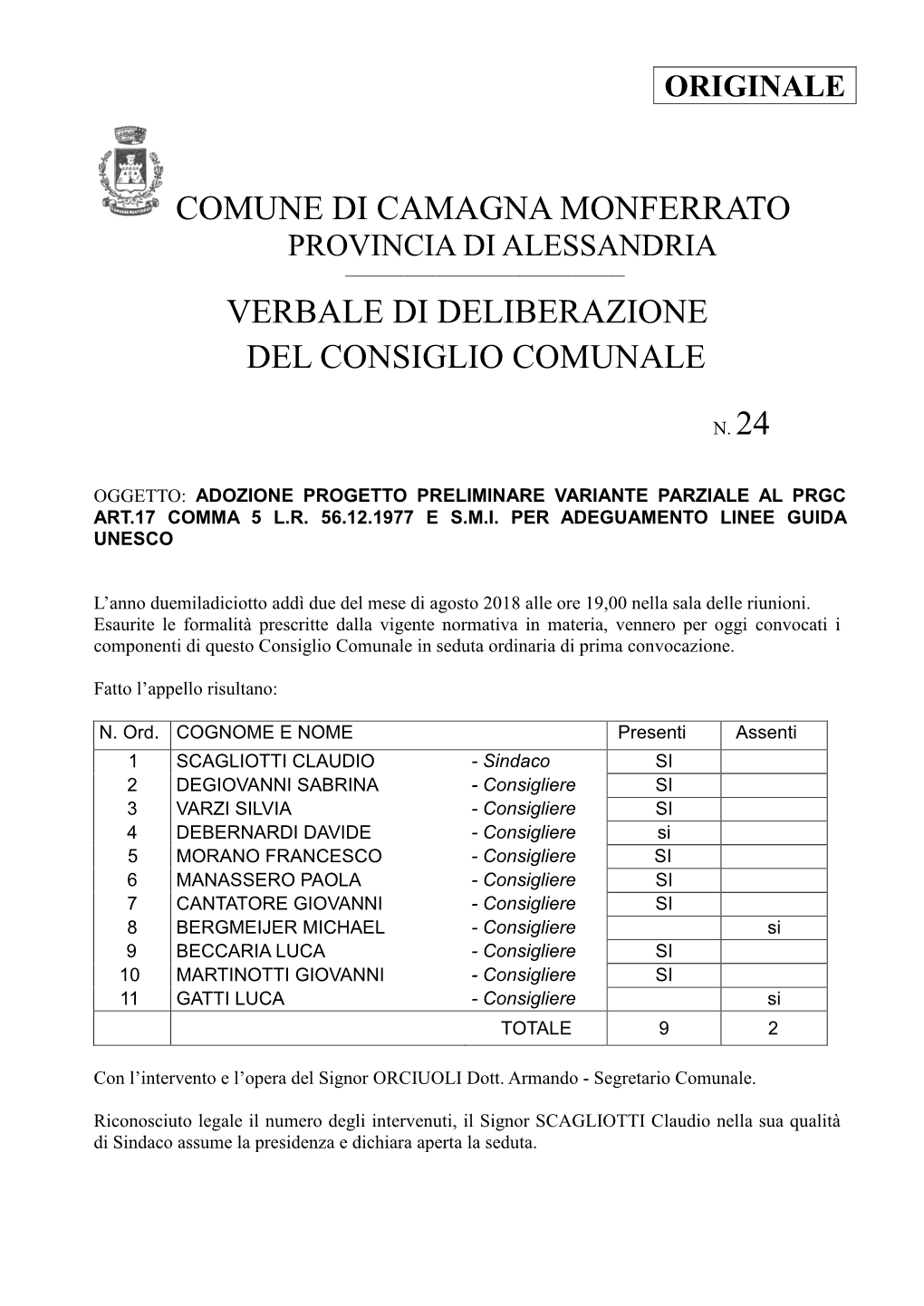 Comune Di Camagna Monferrato Verbale Di Deliberazione Del Consiglio Comunale