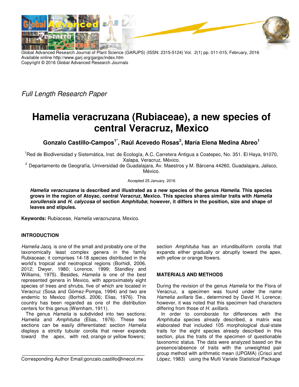 Hamelia Veracruzana (Rubiaceae), a New Species of Central Veracruz, Mexico