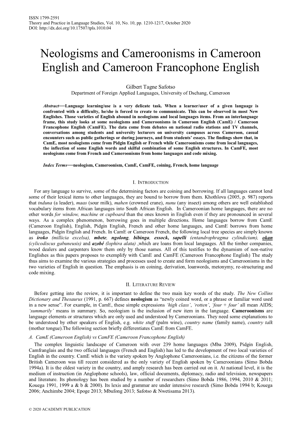 Neologisms and Cameroonisms in Cameroon English and Cameroon Francophone English