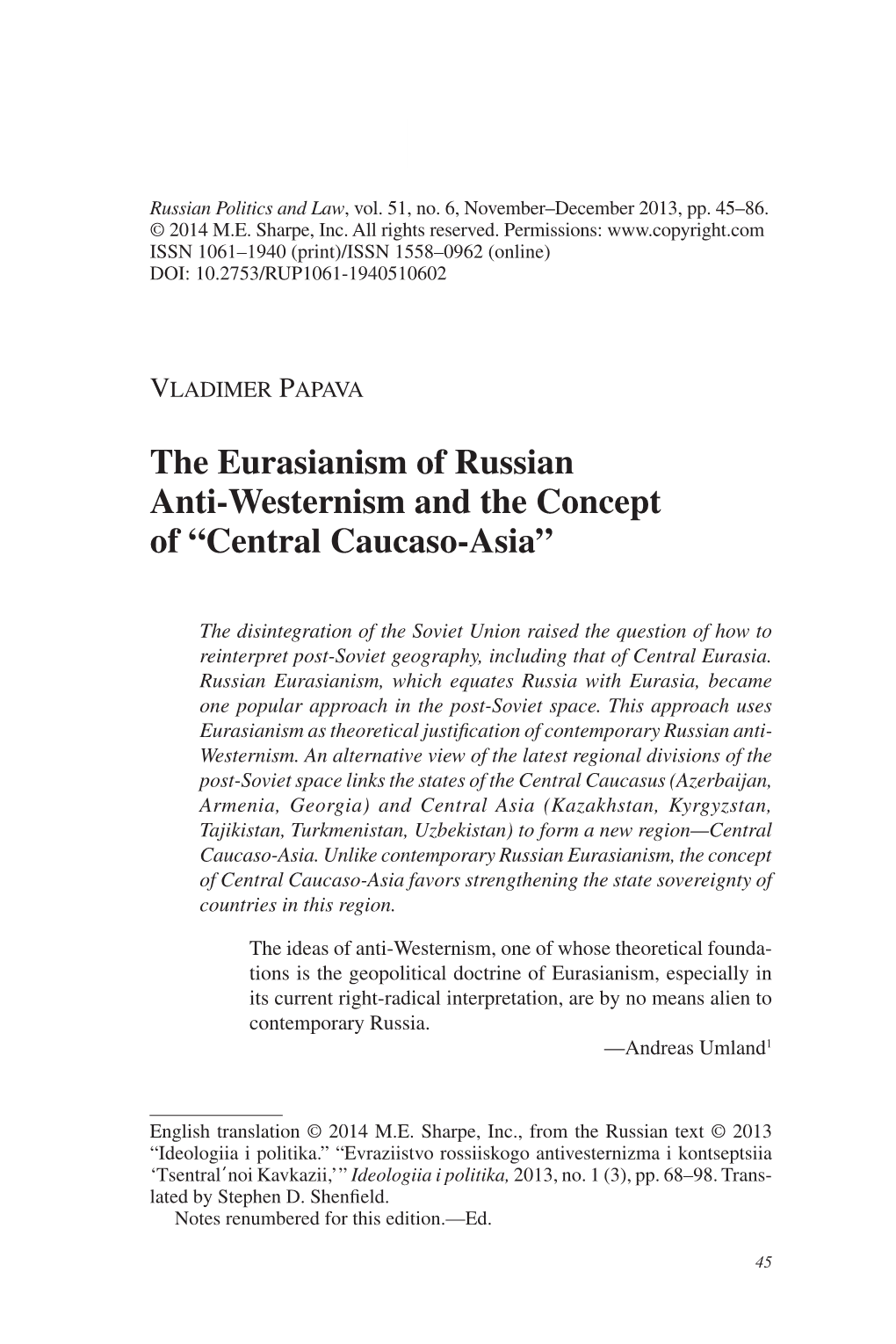 The Eurasianism of Russian Anti-Westernism and the Concept of “Central Caucaso-Asia”