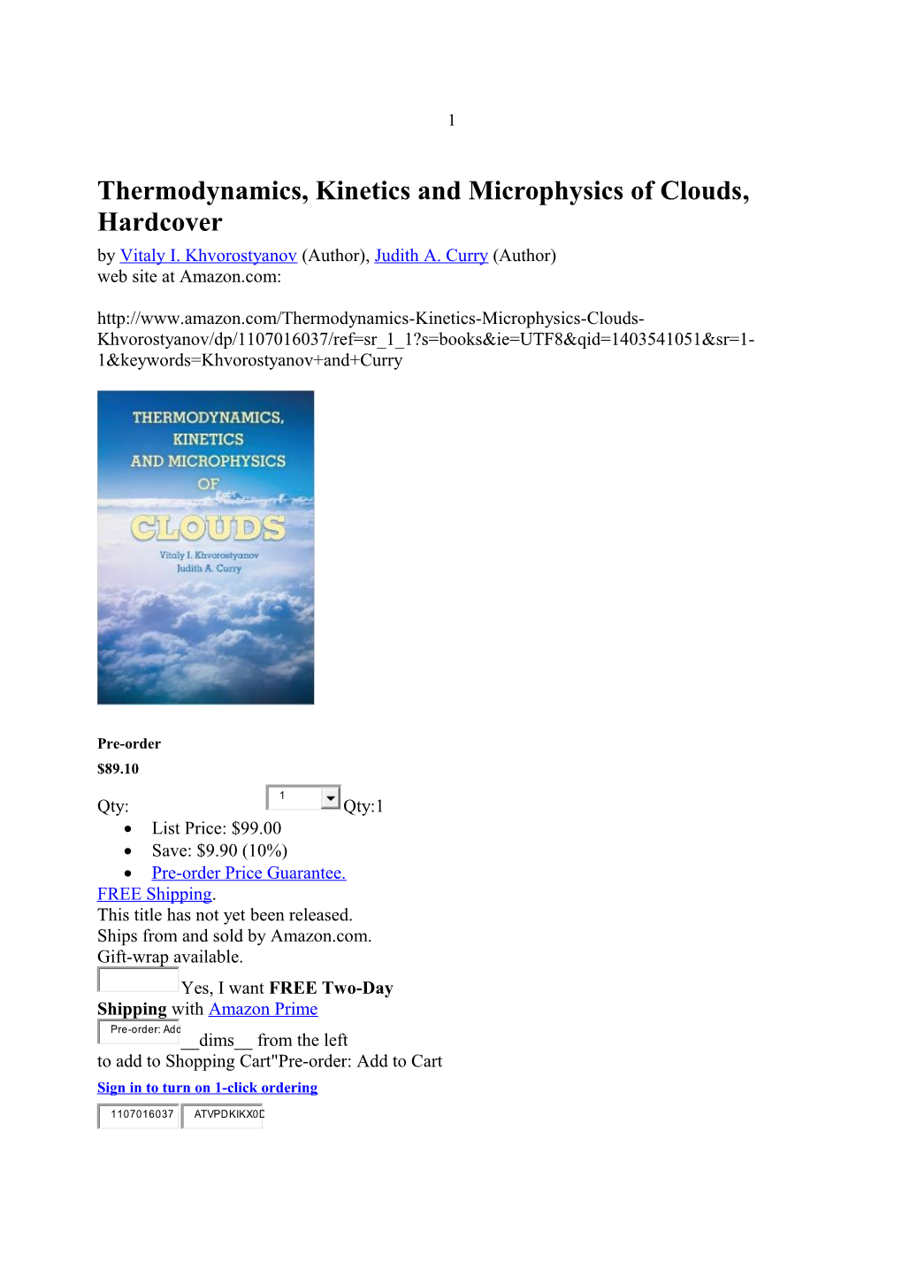 Thermodynamics, Kinetics and Microphysics of Clouds, Hardcover