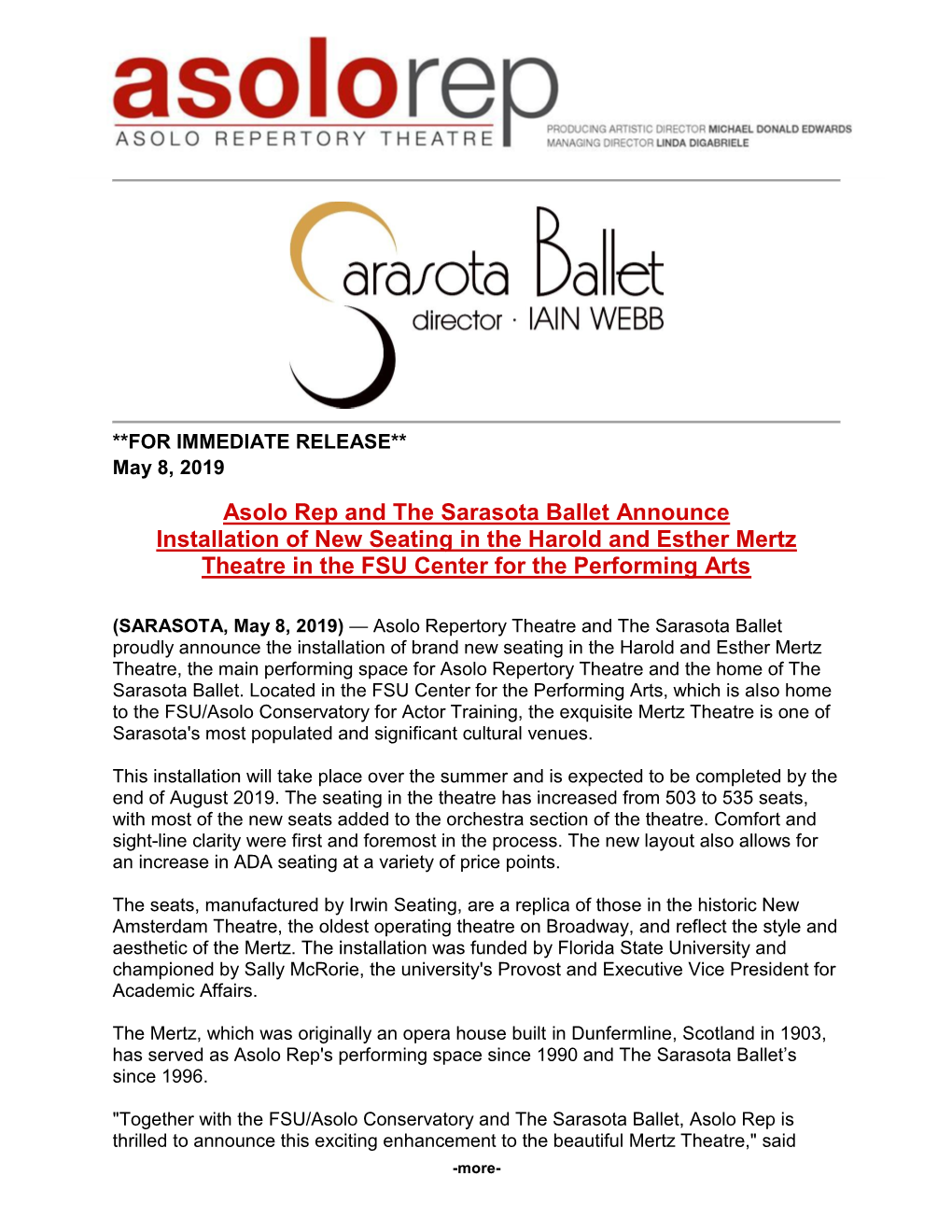 Press Release Asolo Rep and the Sarasota Ballet Announce