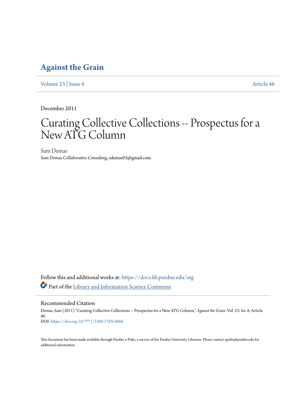 Prospectus for a New ATG Column Sam Demas Sam Demas Collaborative Consulting, Sdemas03@Gmail.Com