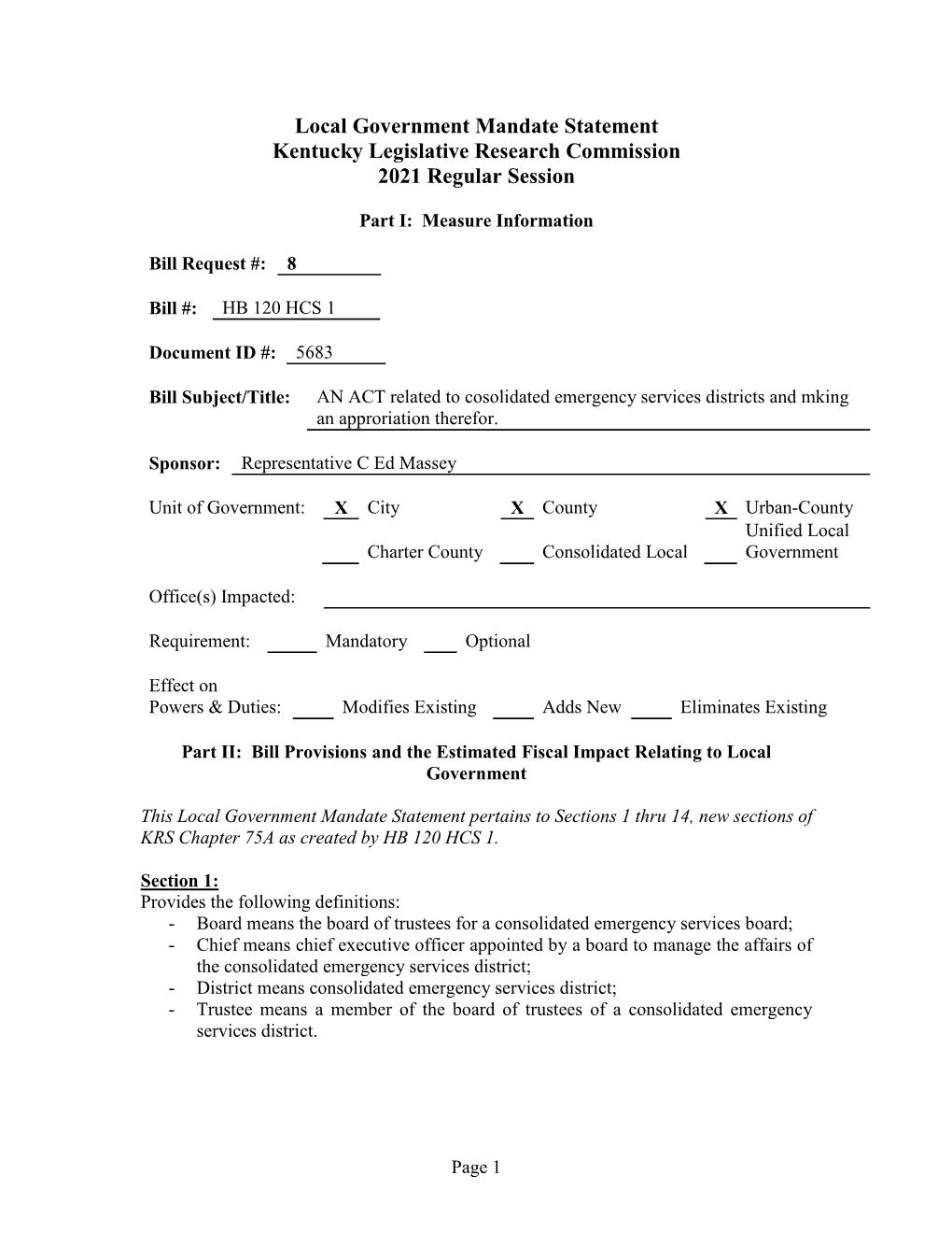 Local Government Mandate Statement Kentucky Legislative Research Commission 2021 Regular Session