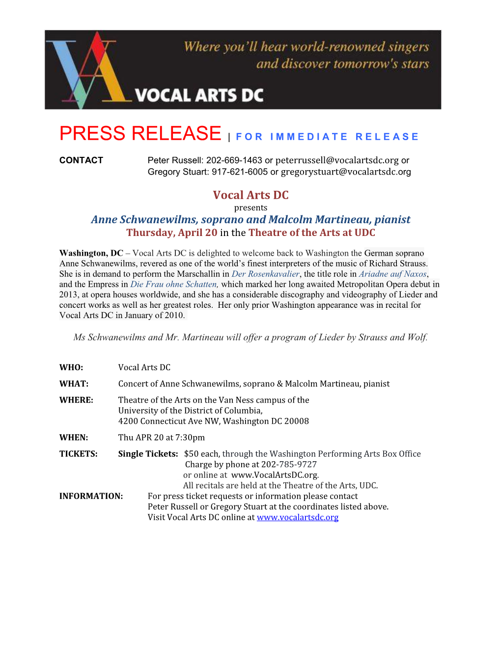 Vocal Arts DC Presents Anne Schwanewilms, Soprano and Malcolm Martineau, Pianist Thursday, April 20 in the Theatre of the Arts at UDC