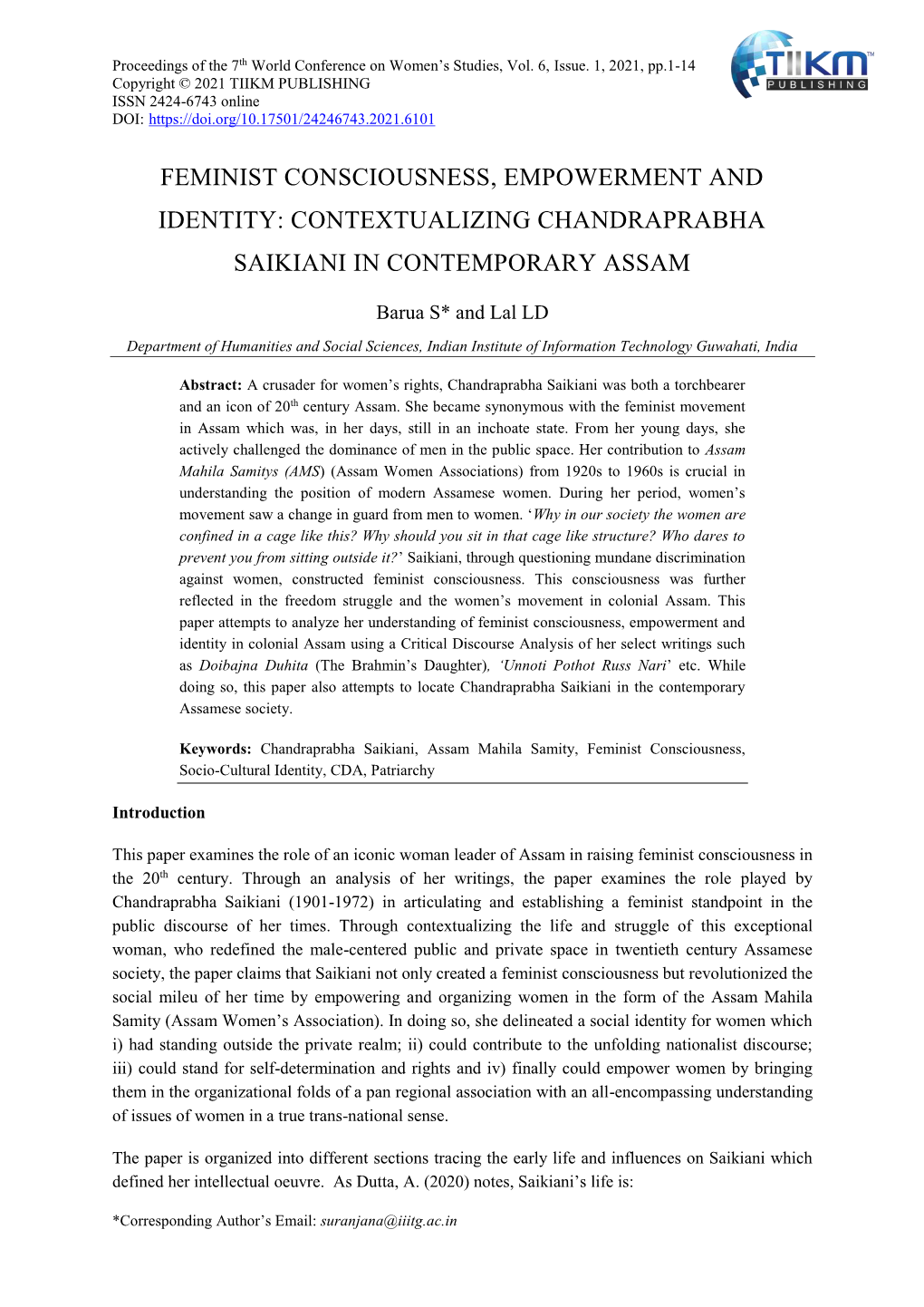 Feminist Consciousness, Empowerment and Identity: Contextualizing Chandraprabha Saikiani in Contemporary Assam