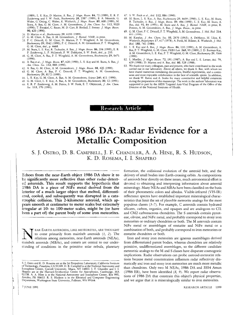 Asteroid 1986 DA: Radar Evidence for a Metallic Composition