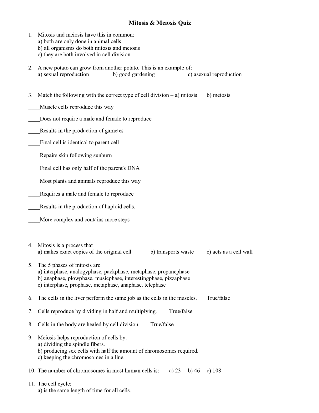 Mitosis & Meiosis Quiz