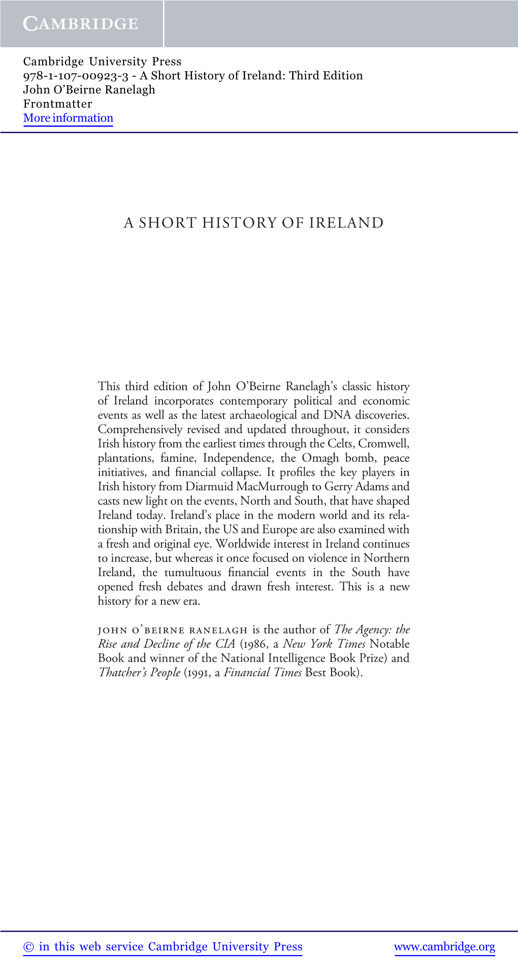 A Short History of Ireland: Third Edition John O’Beirne Ranelagh Frontmatter More Information