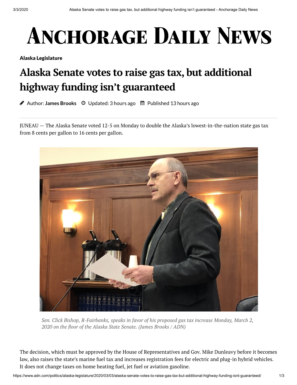 Alaska Senate Votes to Raise Gas Tax, but Additional Highway Funding Isn't