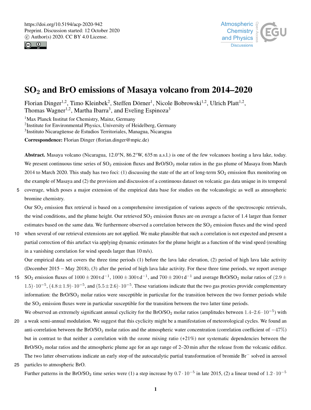 SO2 and Bro Emissions of Masaya Volcano from 2014–2020