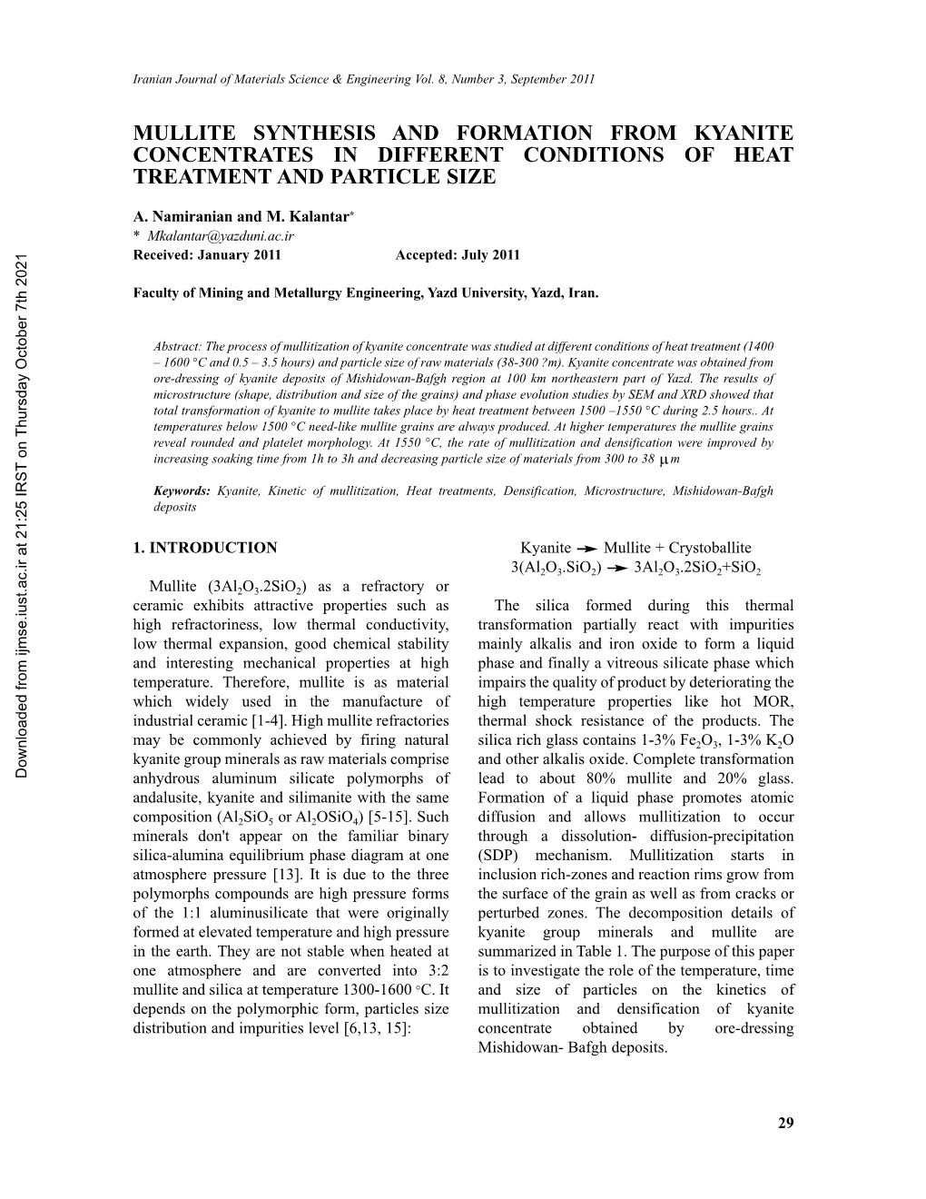 Mullite Synthesis and Formation from Kyanite Concentrates in Different Conditions of Heat Treatment and Particle Size