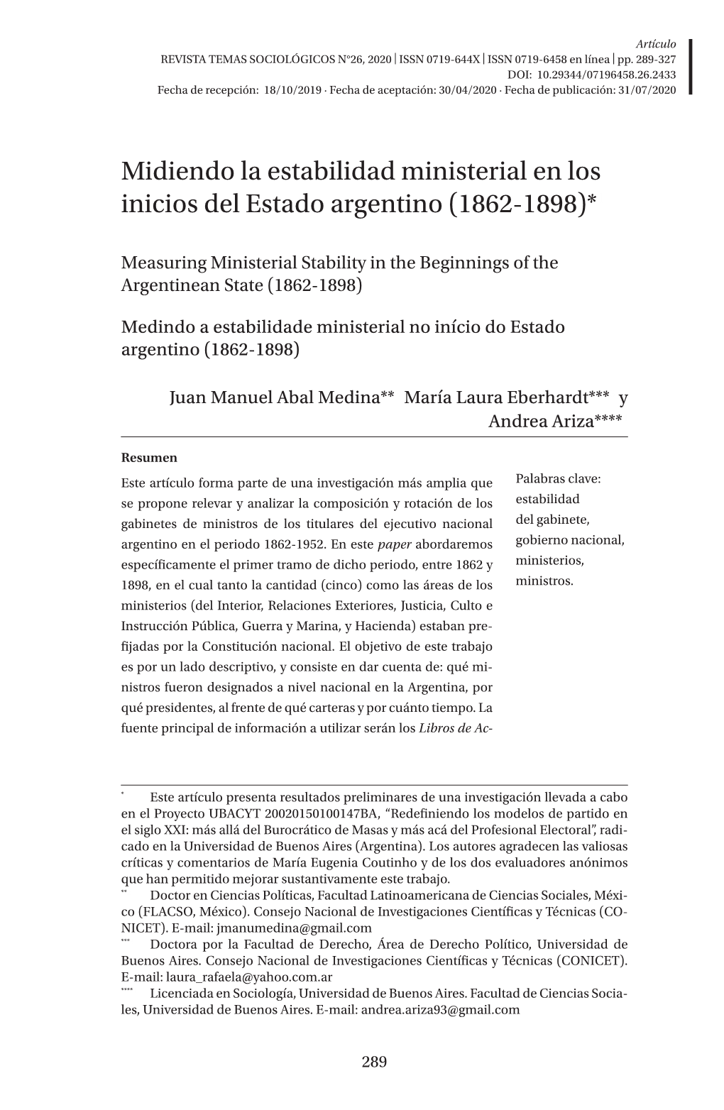 Midiendo La Estabilidad Ministerial En Los Inicios Del Estado Argentino (1862-1898)*1