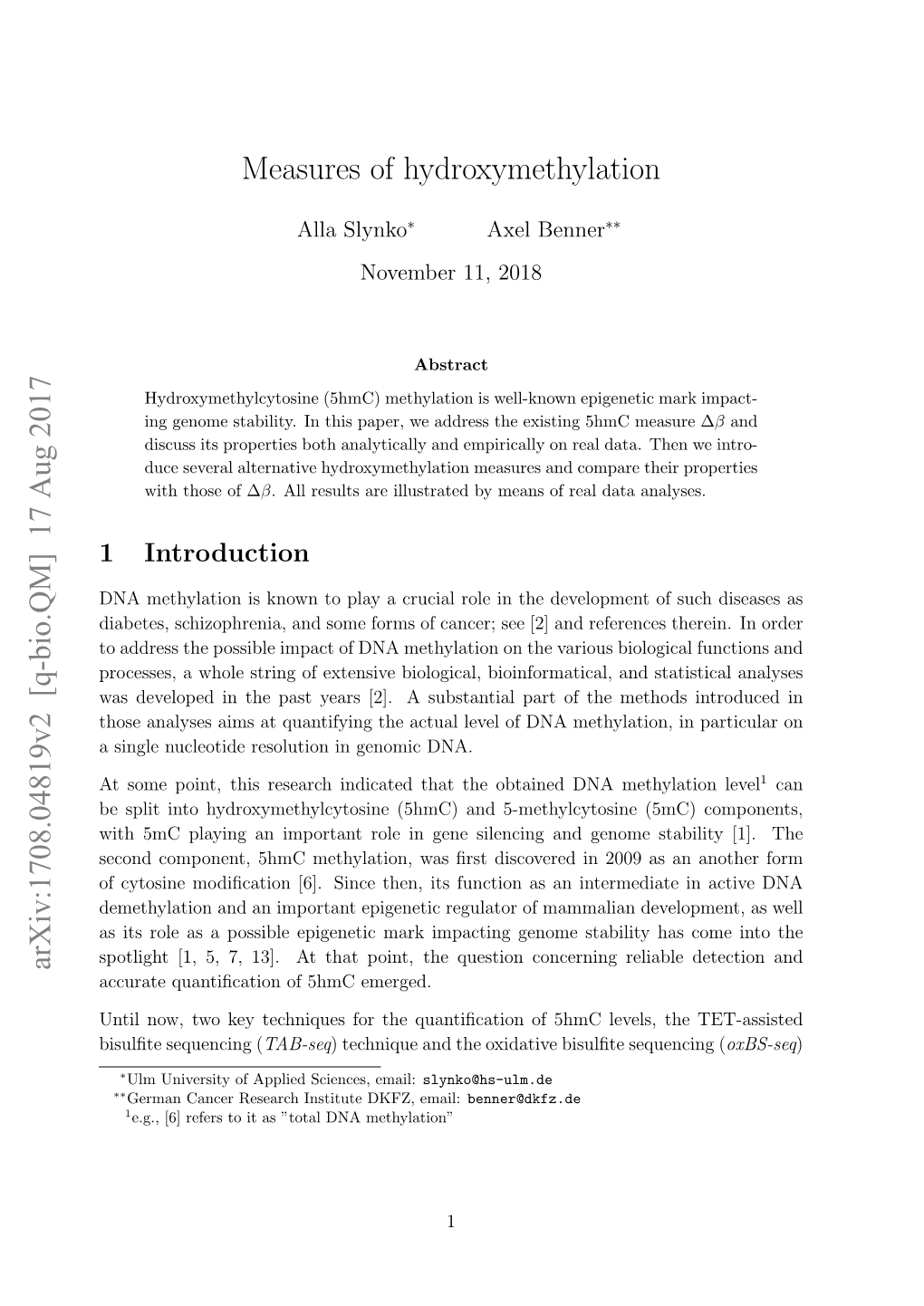 Measures of Hydroxymethylation Arxiv:1708.04819V2 [Q-Bio.QM]