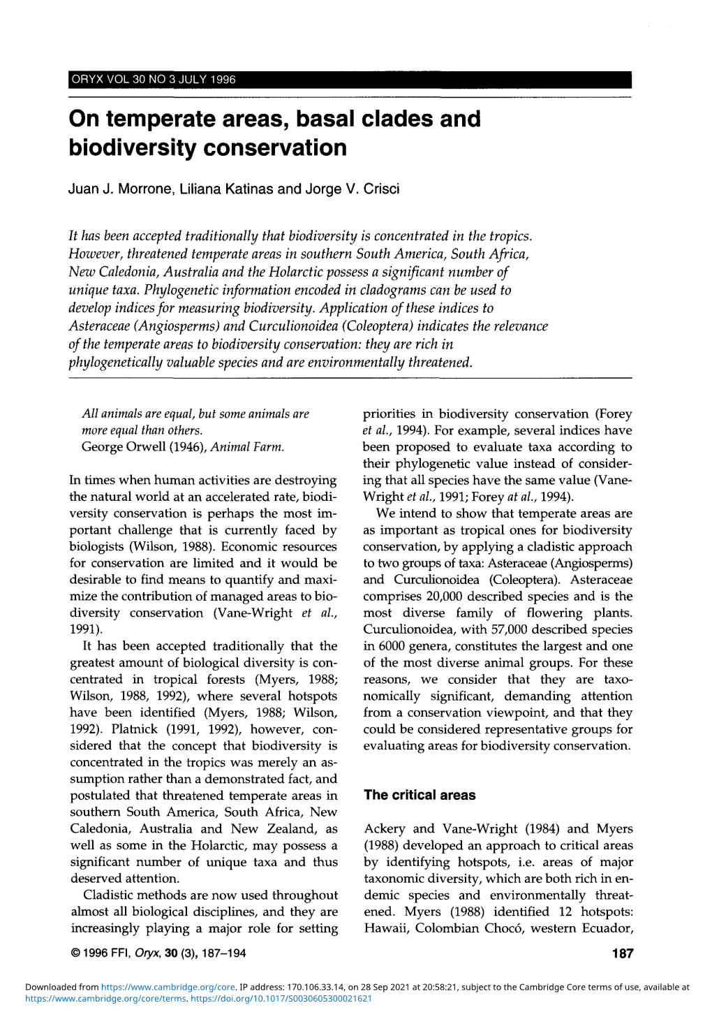 On Temperate Areas, Basal Clades and Biodiversity Conservation