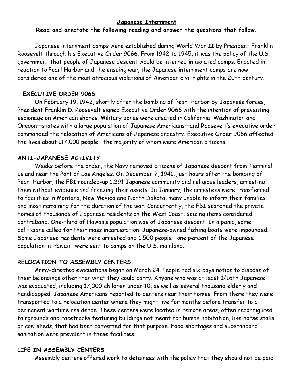 Japanese Internment Read and Annotate the Following Reading and Answer the Questions That Follow