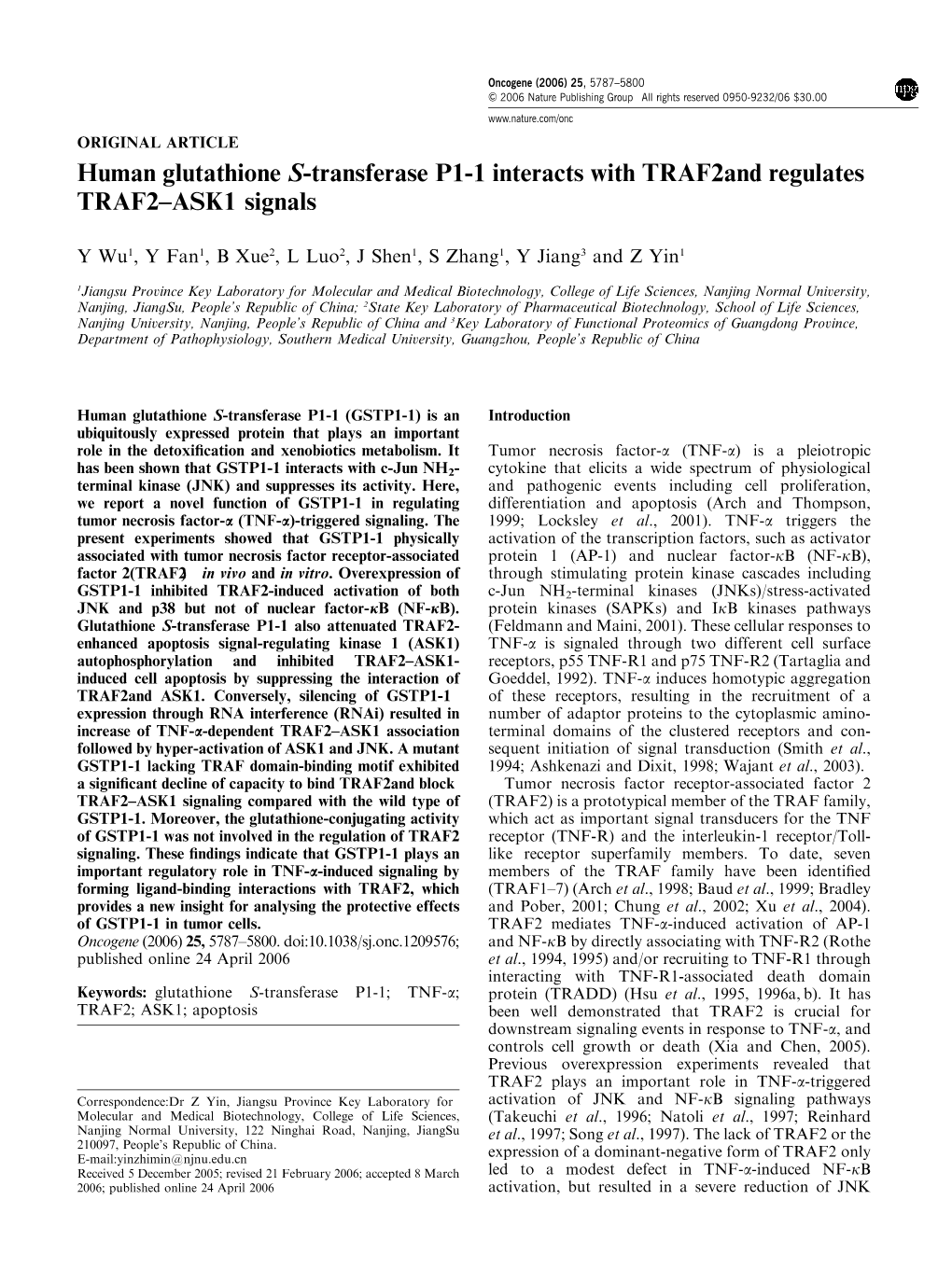 Human Glutathione S-Transferase P1-1 Interacts with TRAF2 And