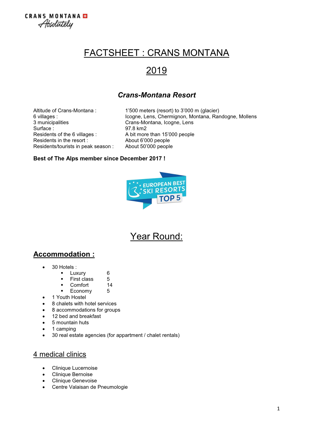 FACTSHEET : CRANS MONTANA 2019 Year Round