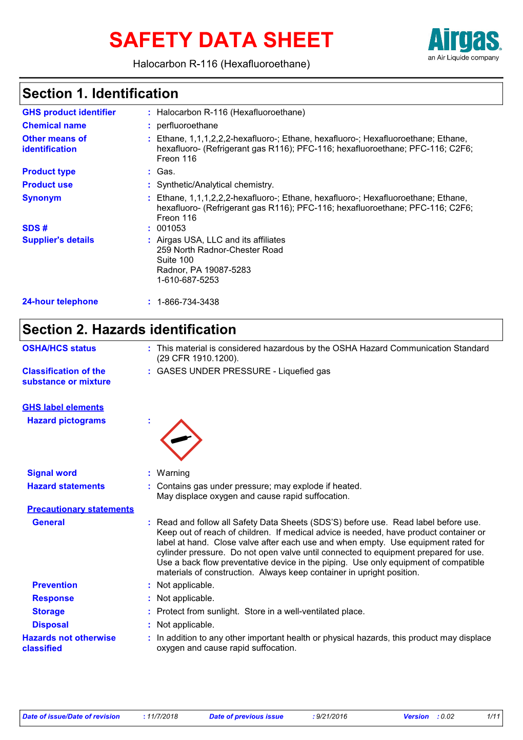 SAFETY DATA SHEET Halocarbon R-116 (Hexafluoroethane)