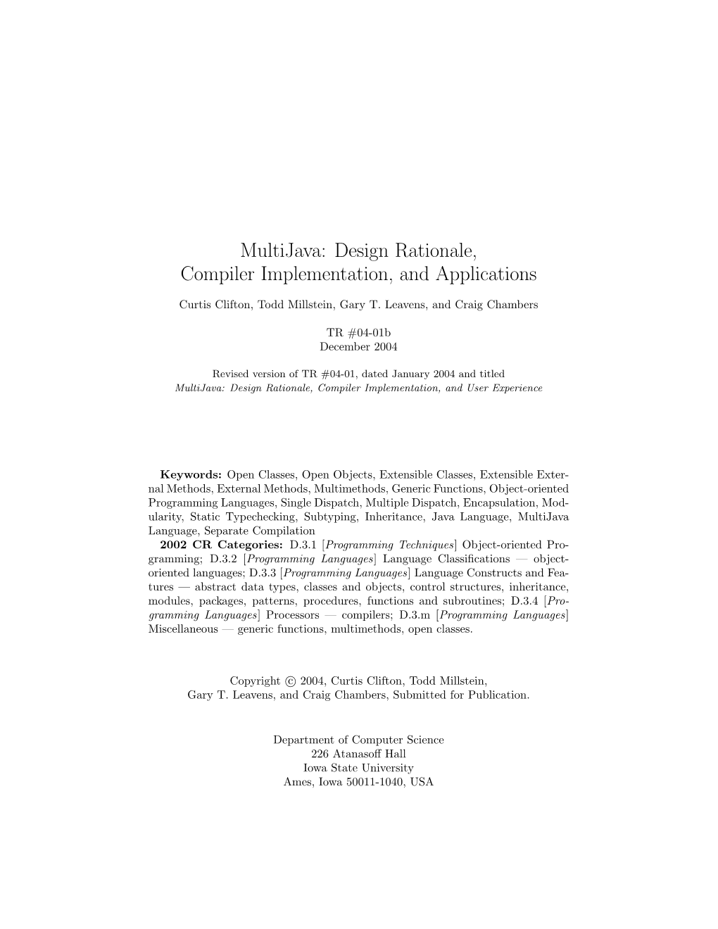 Multijava: Design Rationale, Compiler Implementation, and Applications